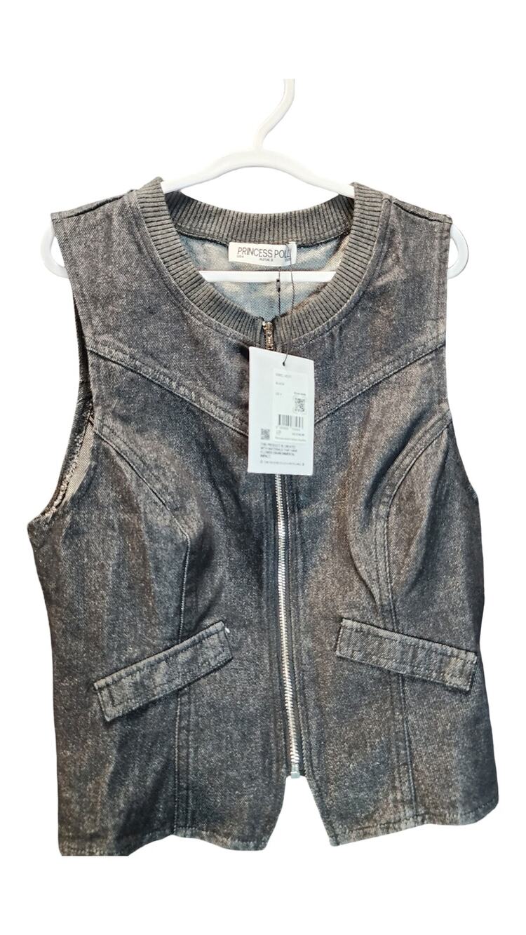 NWT Princess Polly Isibel Vest Women's 4 Black Denim Zip-Up Ribbed Neckline